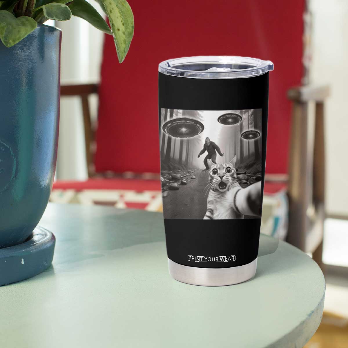 Cat Selfie With Bigfoot UFO Tumbler Cup Funny Cat Lover Gifts TS10 Print Your Wear