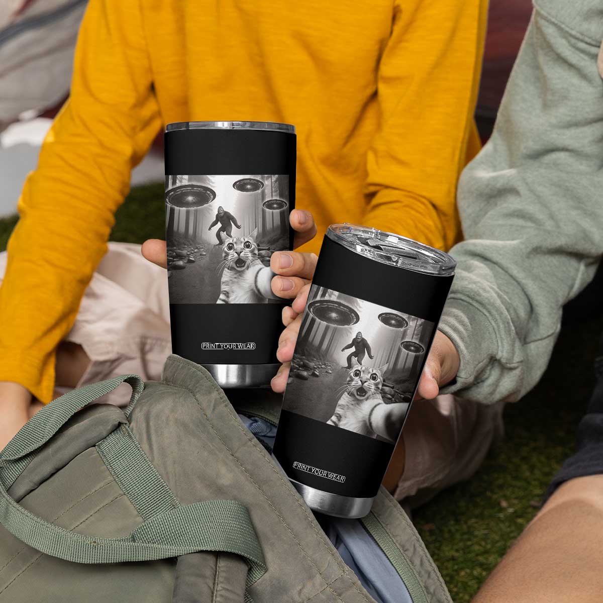 Cat Selfie With Bigfoot UFO Tumbler Cup Funny Cat Lover Gifts TS10 Print Your Wear