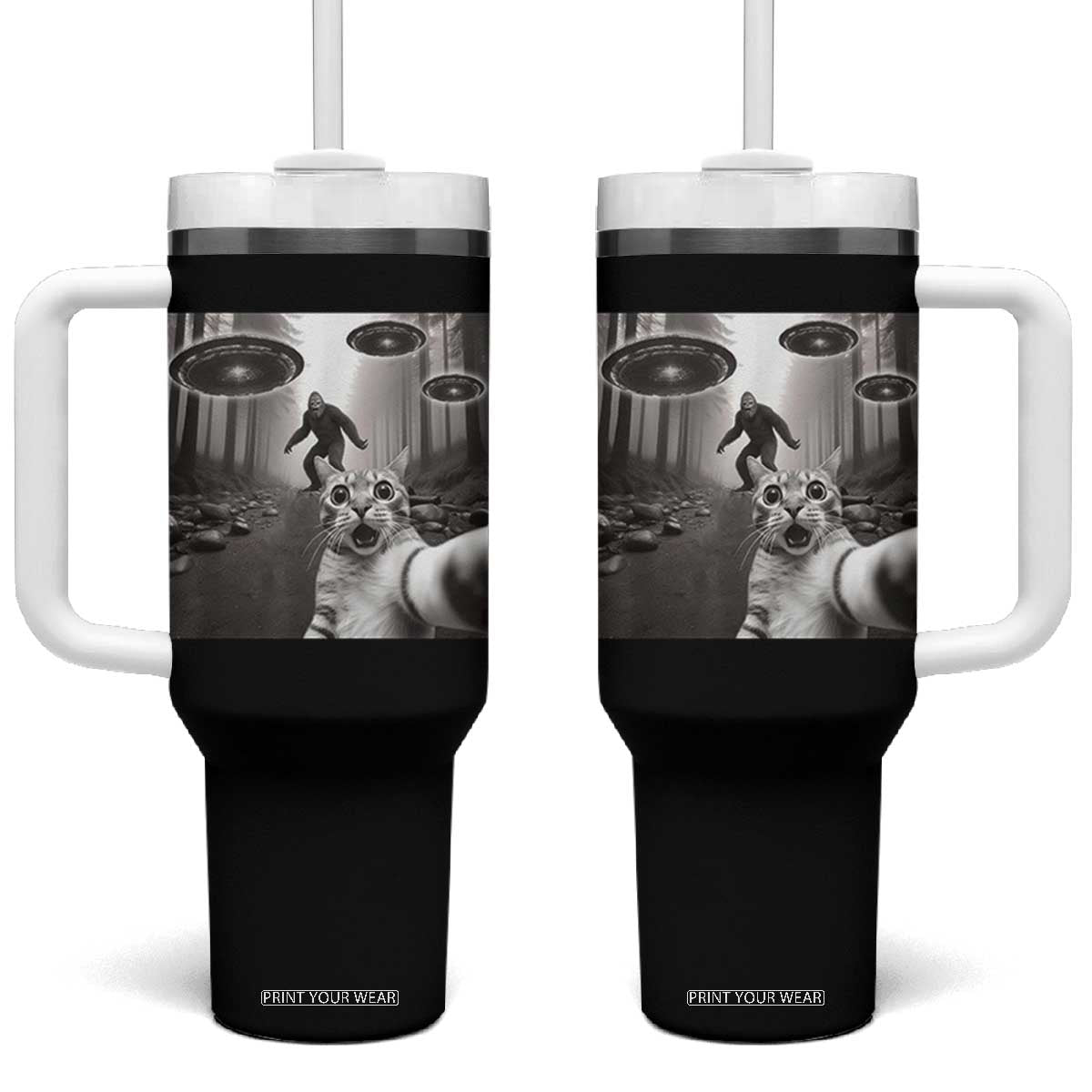 Cat Selfie With Bigfoot UFO Tumbler With Handle Funny Cat Lover Gifts - Print Your Wear