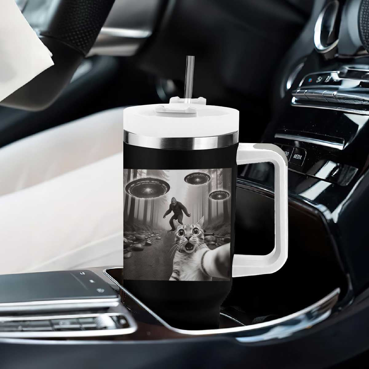 Cat Selfie With Bigfoot UFO Tumbler With Handle Funny Cat Lover Gifts TS10 Print Your Wear