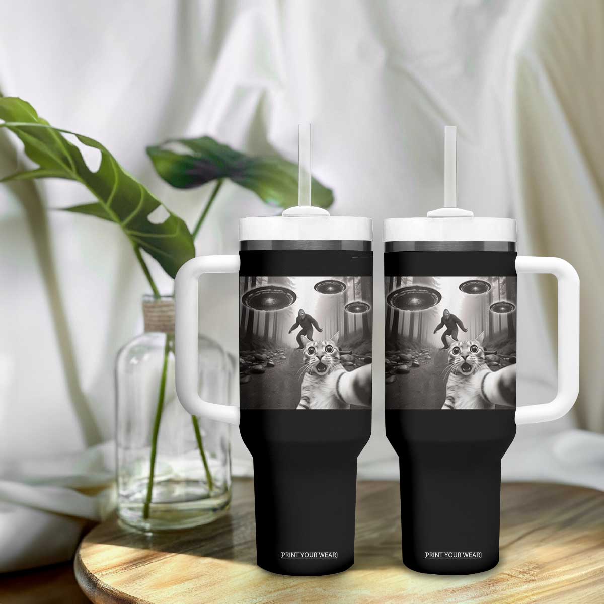 Cat Selfie With Bigfoot UFO Tumbler With Handle Funny Cat Lover Gifts TS10 Print Your Wear