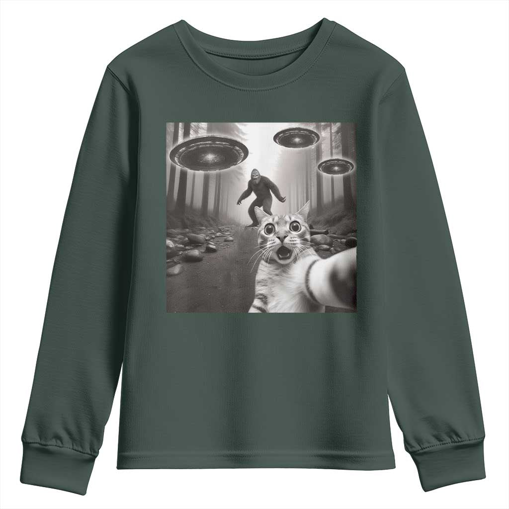 Cat Selfie With Bigfoot UFO Youth Sweatshirt Funny Cat Lover Gifts TS10 Dark Forest Green Print Your Wear