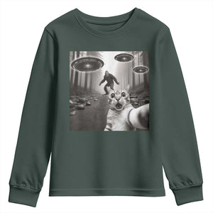 Cat Selfie With Bigfoot UFO Youth Sweatshirt Funny Cat Lover Gifts TS10 Dark Forest Green Print Your Wear
