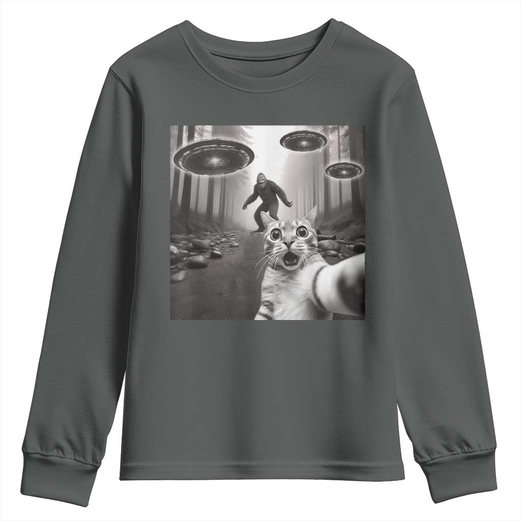 Cat Selfie With Bigfoot UFO Youth Sweatshirt Funny Cat Lover Gifts TS10 Dark Heather Print Your Wear
