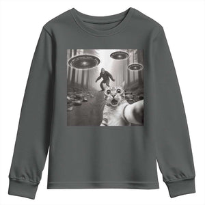 Cat Selfie With Bigfoot UFO Youth Sweatshirt Funny Cat Lover Gifts TS10 Dark Heather Print Your Wear