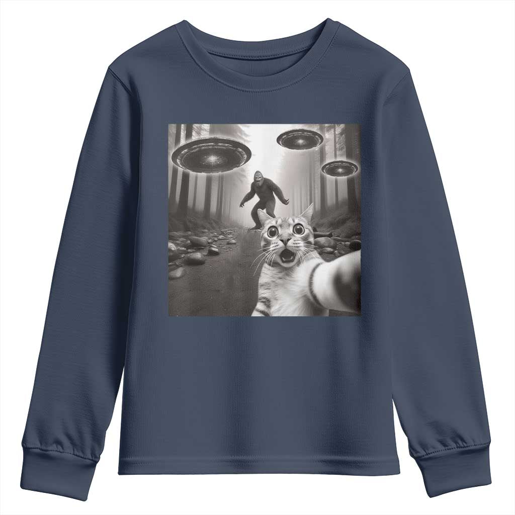 Cat Selfie With Bigfoot UFO Youth Sweatshirt Funny Cat Lover Gifts TS10 Navy Print Your Wear