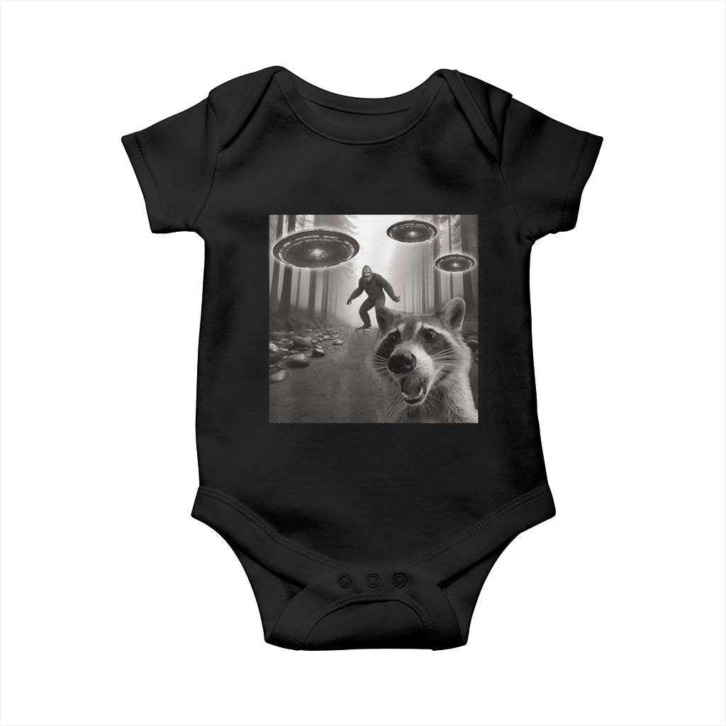 Raccoon Selfie With Bigfoot UFO Baby Onesie Funny Feral Lover Gifts TS10 Black Print Your Wear