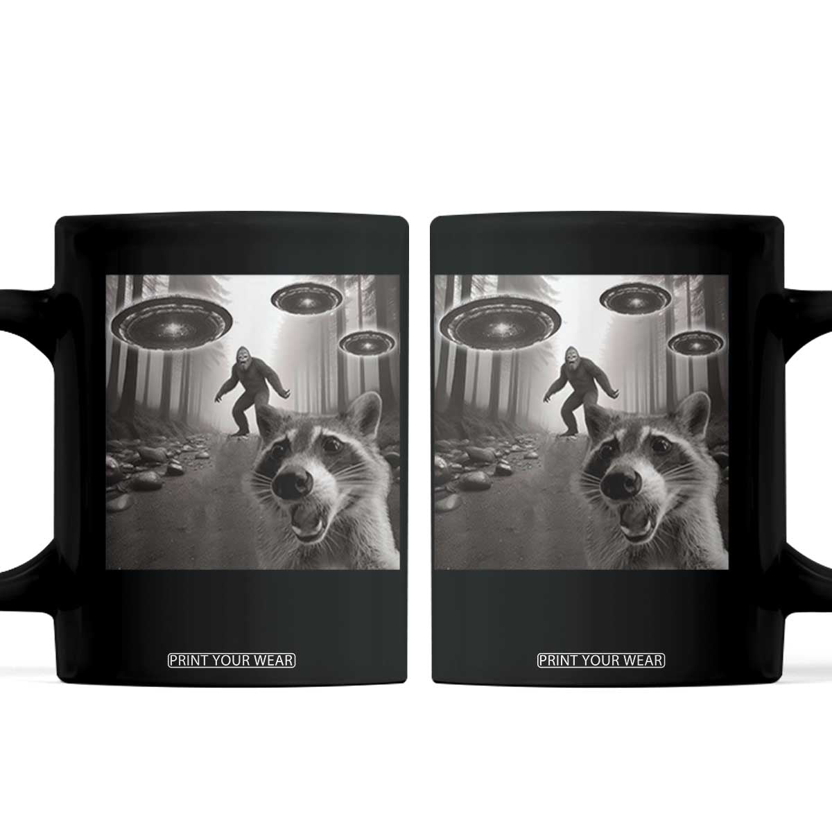 Raccoon Selfie With Bigfoot UFO Coffee Mug Funny Feral Lover Gifts TS10 Black Print Your Wear