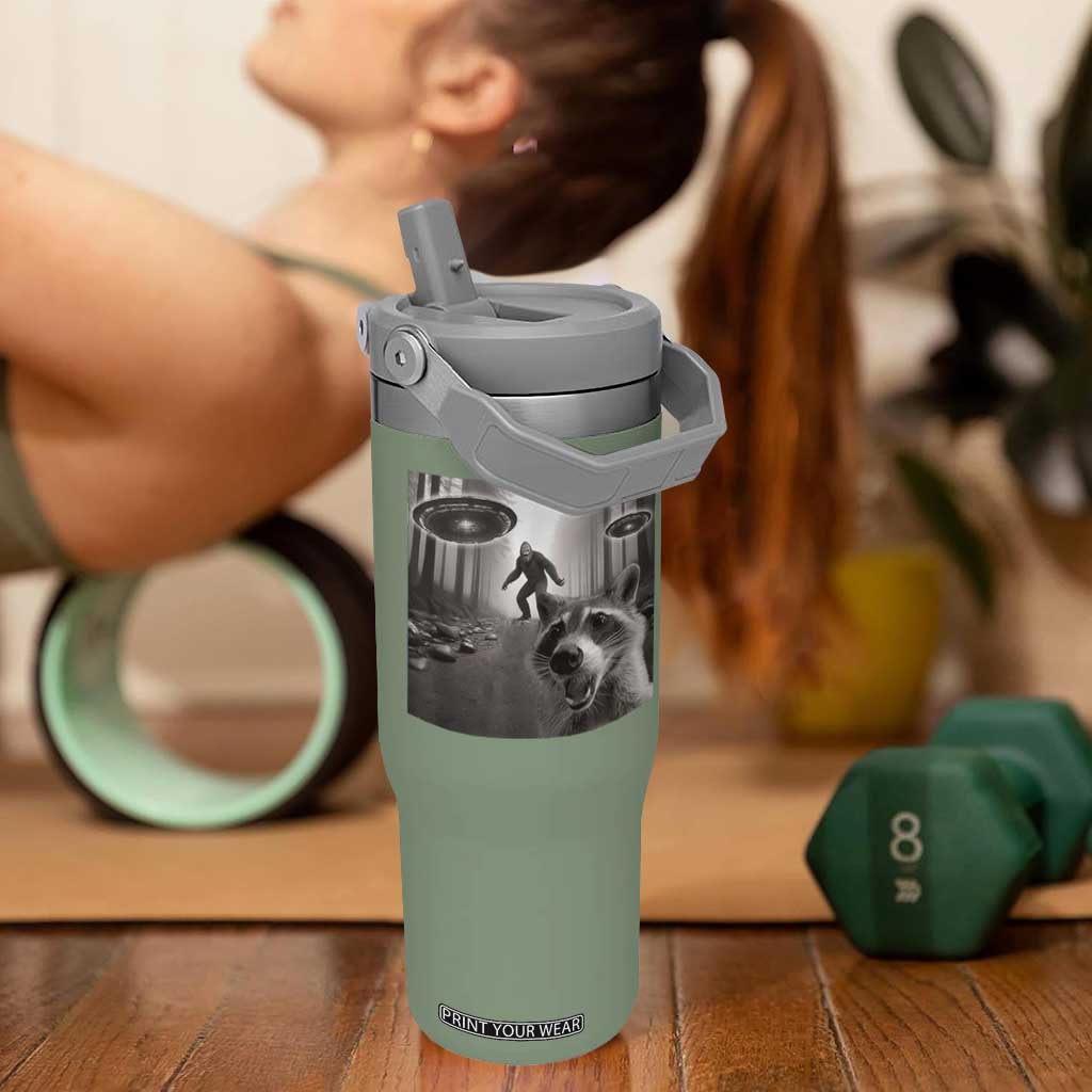 Raccoon Selfie With Bigfoot UFO Flip Straw Tumbler Funny Feral Lover Gifts TS10 One Size: 30 oz Moss Green Print Your Wear