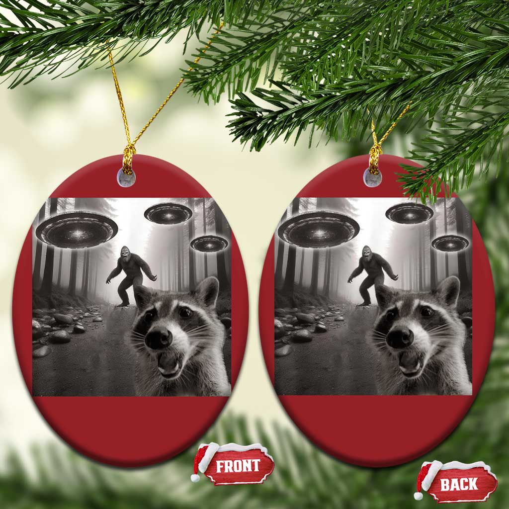 Raccoon Selfie With Bigfoot UFO Christmas Ornament Funny Feral Lover Gifts TS10 Oval Red Print Your Wear