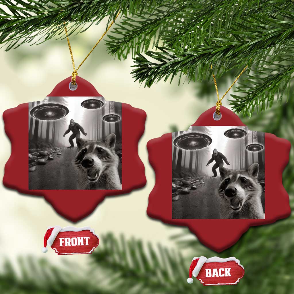 Raccoon Selfie With Bigfoot UFO Christmas Ornament Funny Feral Lover Gifts TS10 Snow Flake Red Print Your Wear