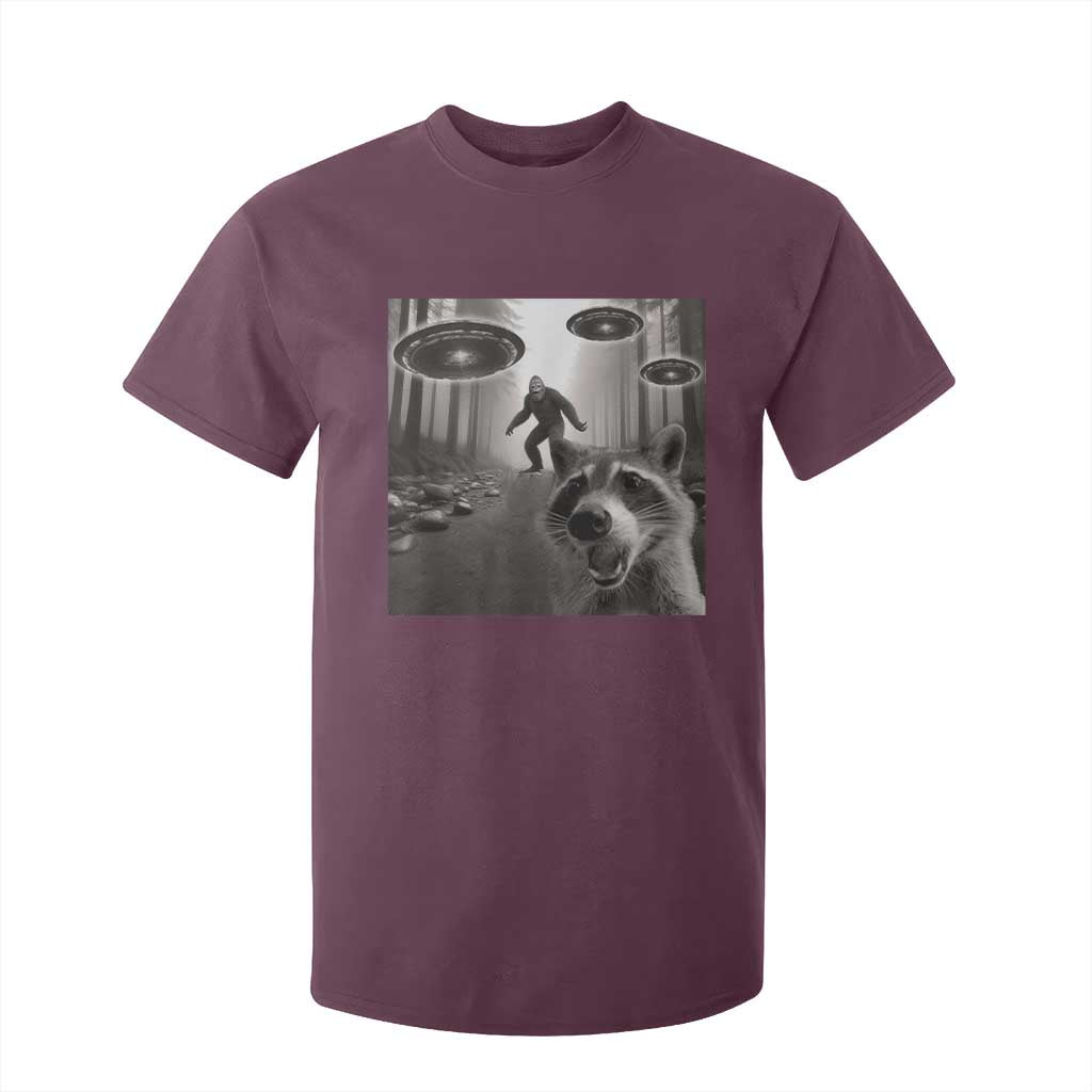 Raccoon Selfie With Bigfoot UFO T Shirt For Kid Funny Feral Lover Gifts TS10 Maroon Print Your Wear