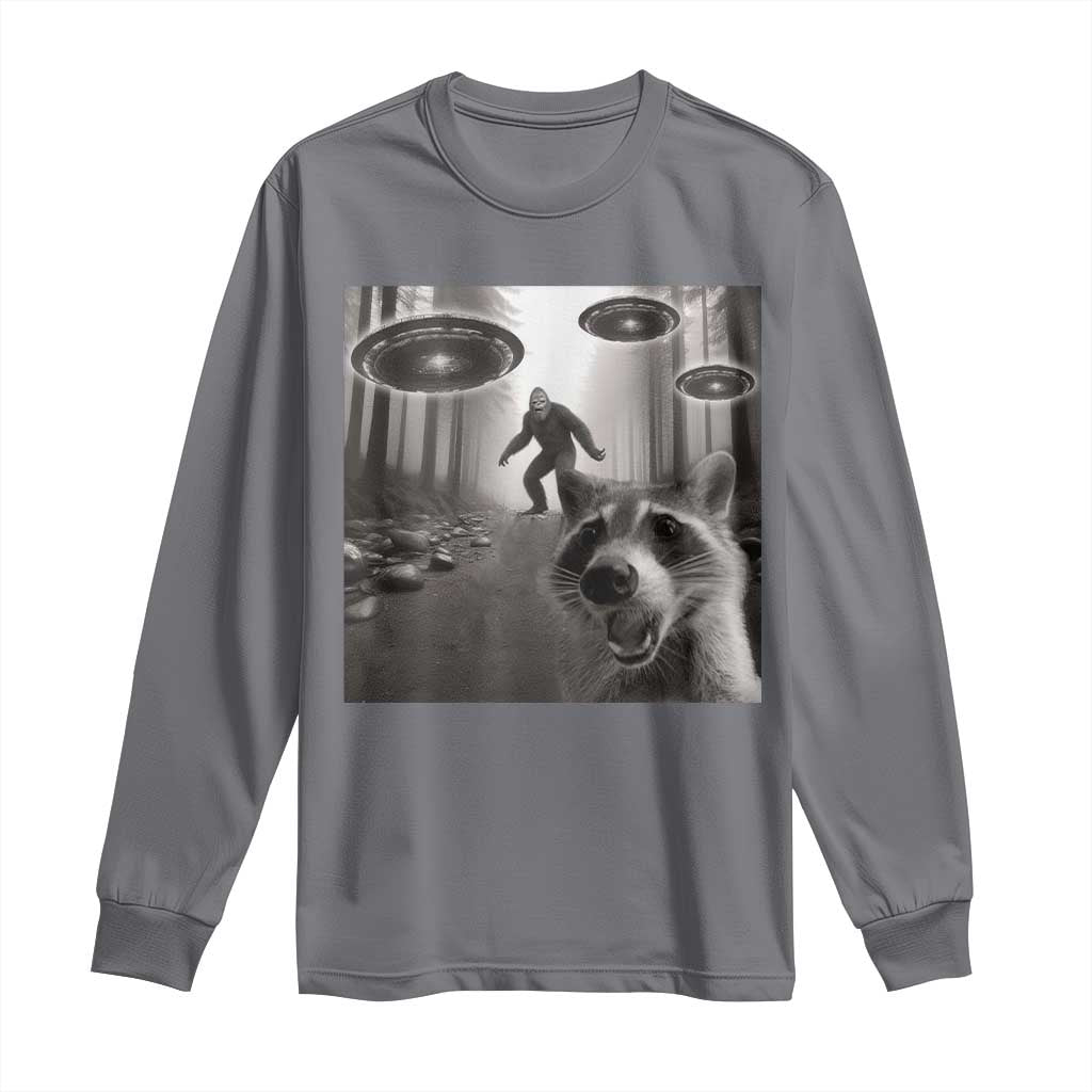 Raccoon Selfie With Bigfoot UFO Long Sleeve Shirt Funny Feral Lover Gifts TS10 Charcoal Print Your Wear