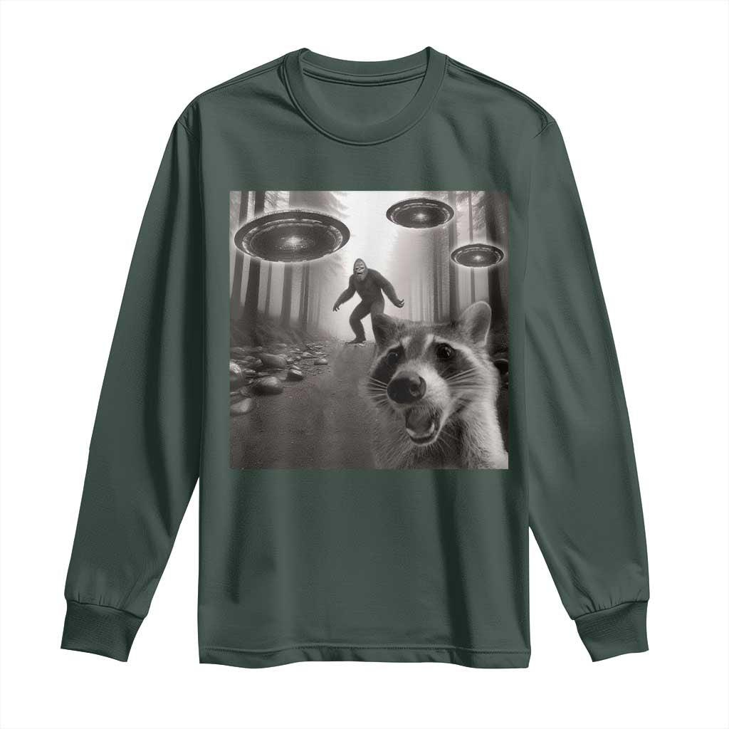 Raccoon Selfie With Bigfoot UFO Long Sleeve Shirt Funny Feral Lover Gifts TS10 Dark Forest Green Print Your Wear