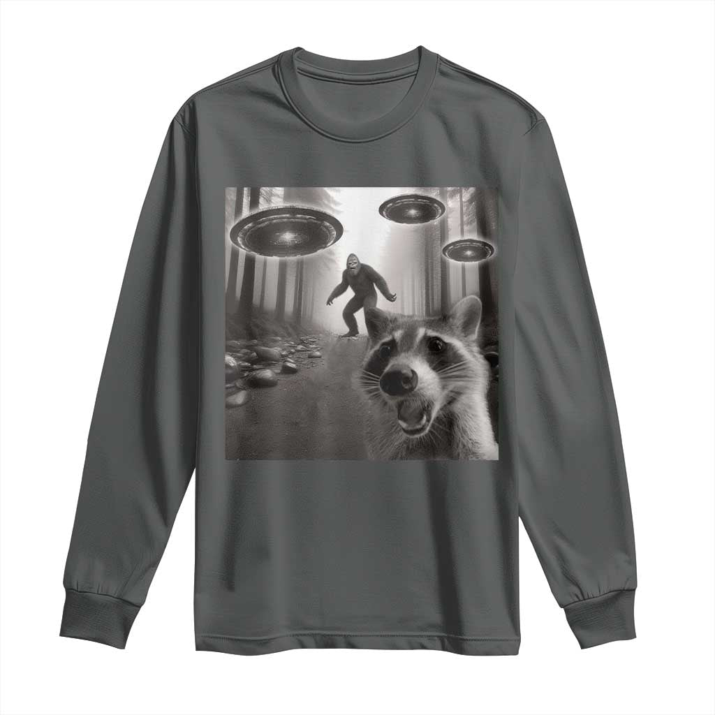 Raccoon Selfie With Bigfoot UFO Long Sleeve Shirt Funny Feral Lover Gifts TS10 Dark Heather Print Your Wear