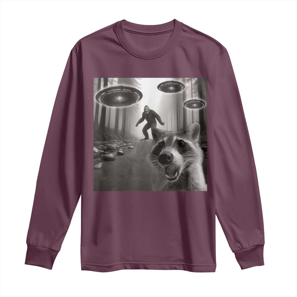 Raccoon Selfie With Bigfoot UFO Long Sleeve Shirt Funny Feral Lover Gifts TS10 Maroon Print Your Wear