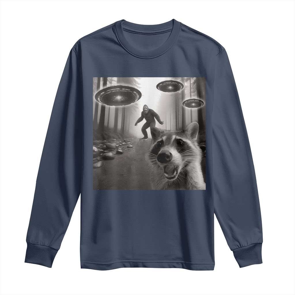 Raccoon Selfie With Bigfoot UFO Long Sleeve Shirt Funny Feral Lover Gifts TS10 Navy Print Your Wear