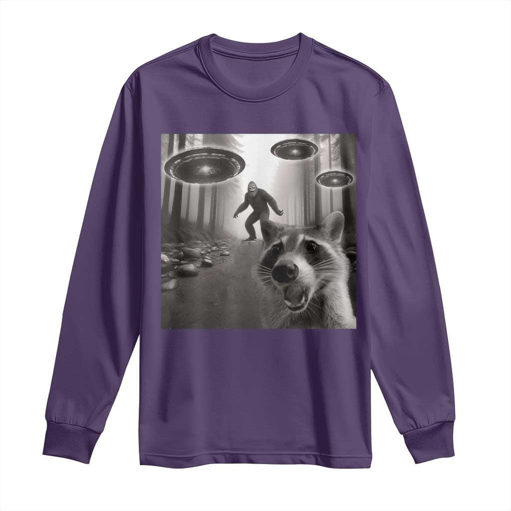 Raccoon Selfie With Bigfoot UFO Long Sleeve Shirt Funny Feral Lover Gifts TS10 Purple Print Your Wear