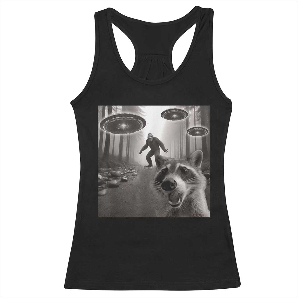 Raccoon Selfie With Bigfoot UFO Racerback Tank Top Funny Feral Lover Gifts TS10 Black Print Your Wear