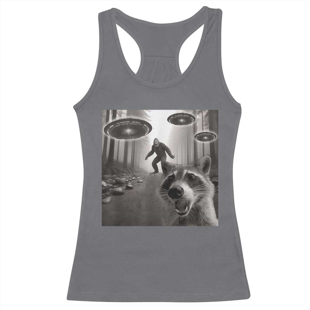 Raccoon Selfie With Bigfoot UFO Racerback Tank Top Funny Feral Lover Gifts TS10 Charcoal Print Your Wear