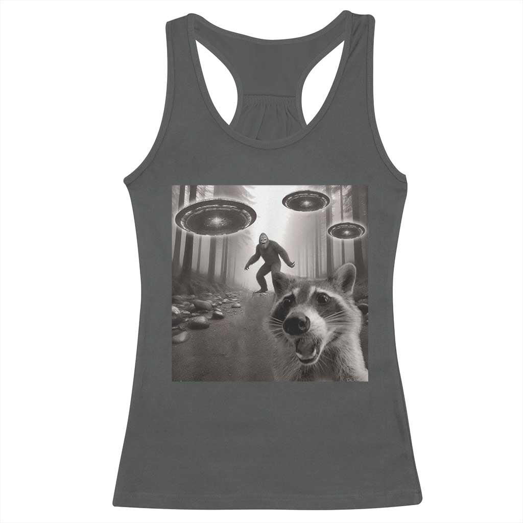 Raccoon Selfie With Bigfoot UFO Racerback Tank Top Funny Feral Lover Gifts TS10 Dark Heather Print Your Wear