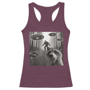 Raccoon Selfie With Bigfoot UFO Racerback Tank Top Funny Feral Lover Gifts TS10 Maroon Print Your Wear