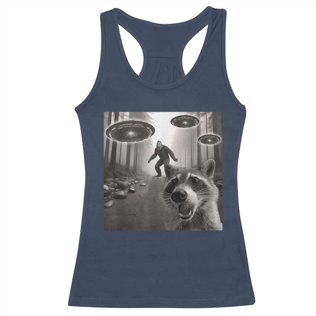 Raccoon Selfie With Bigfoot UFO Racerback Tank Top Funny Feral Lover Gifts TS10 Navy Print Your Wear