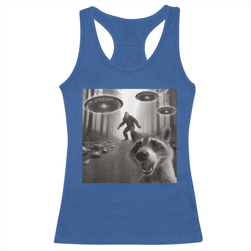 Raccoon Selfie With Bigfoot UFO Racerback Tank Top Funny Feral Lover Gifts TS10 Royal Blue Print Your Wear