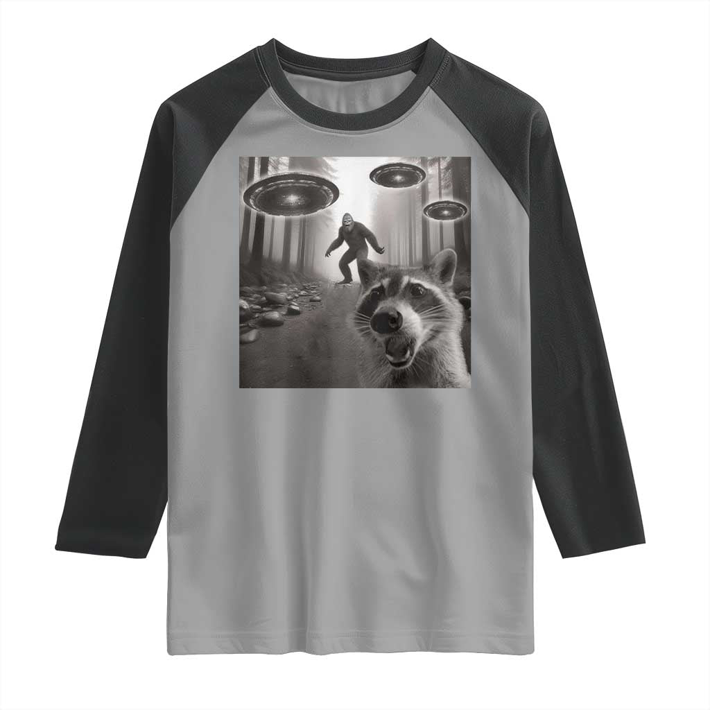 Raccoon Selfie With Bigfoot UFO Raglan Shirt Funny Feral Lover Gifts TS10 Sport Gray Black Print Your Wear