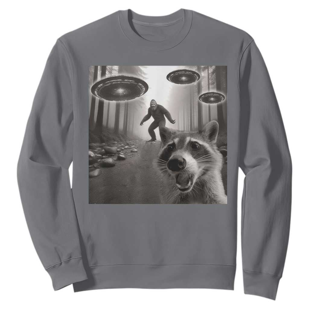 Raccoon Selfie With Bigfoot UFO Sweatshirt Funny Feral Lover Gifts TS10 Charcoal Print Your Wear