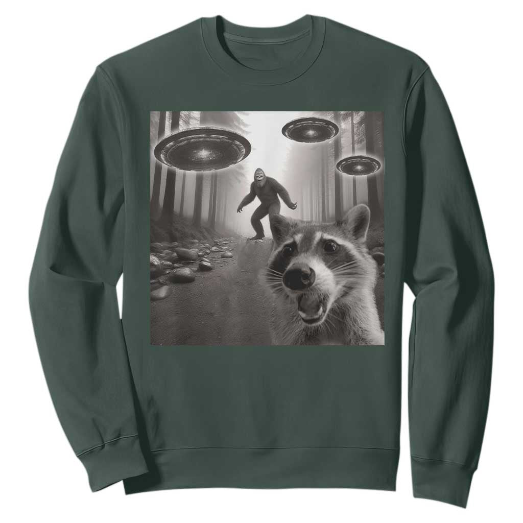 Raccoon Selfie With Bigfoot UFO Sweatshirt Funny Feral Lover Gifts TS10 Dark Forest Green Print Your Wear