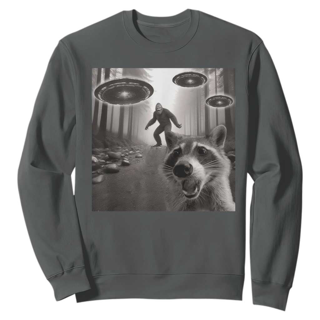 Raccoon Selfie With Bigfoot UFO Sweatshirt Funny Feral Lover Gifts TS10 Dark Heather Print Your Wear