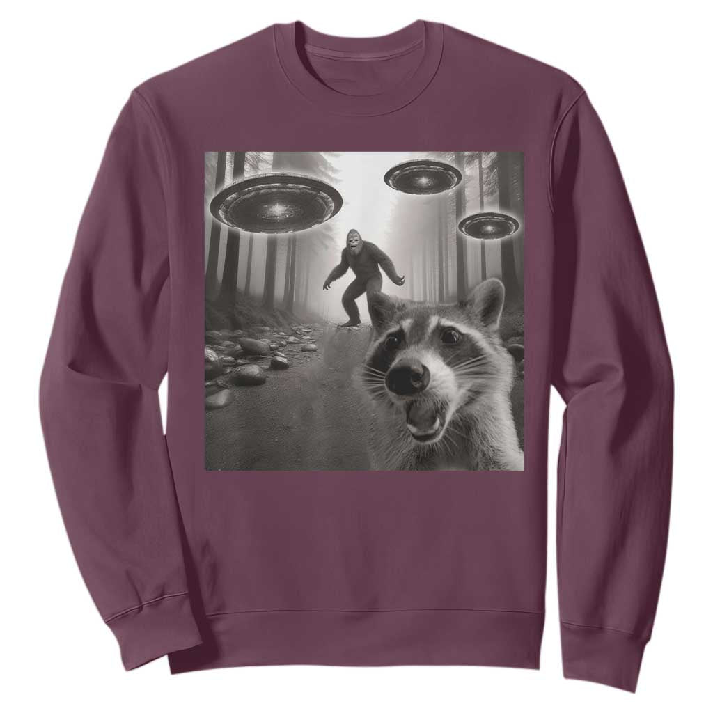 Raccoon Selfie With Bigfoot UFO Sweatshirt Funny Feral Lover Gifts TS10 Maroon Print Your Wear