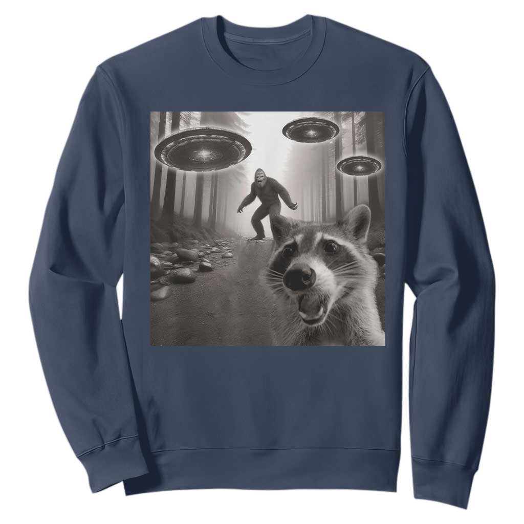 Raccoon Selfie With Bigfoot UFO Sweatshirt Funny Feral Lover Gifts TS10 Navy Print Your Wear