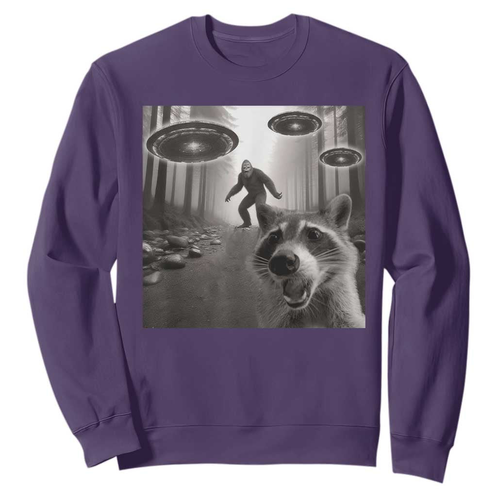 Raccoon Selfie With Bigfoot UFO Sweatshirt Funny Feral Lover Gifts TS10 Purple Print Your Wear