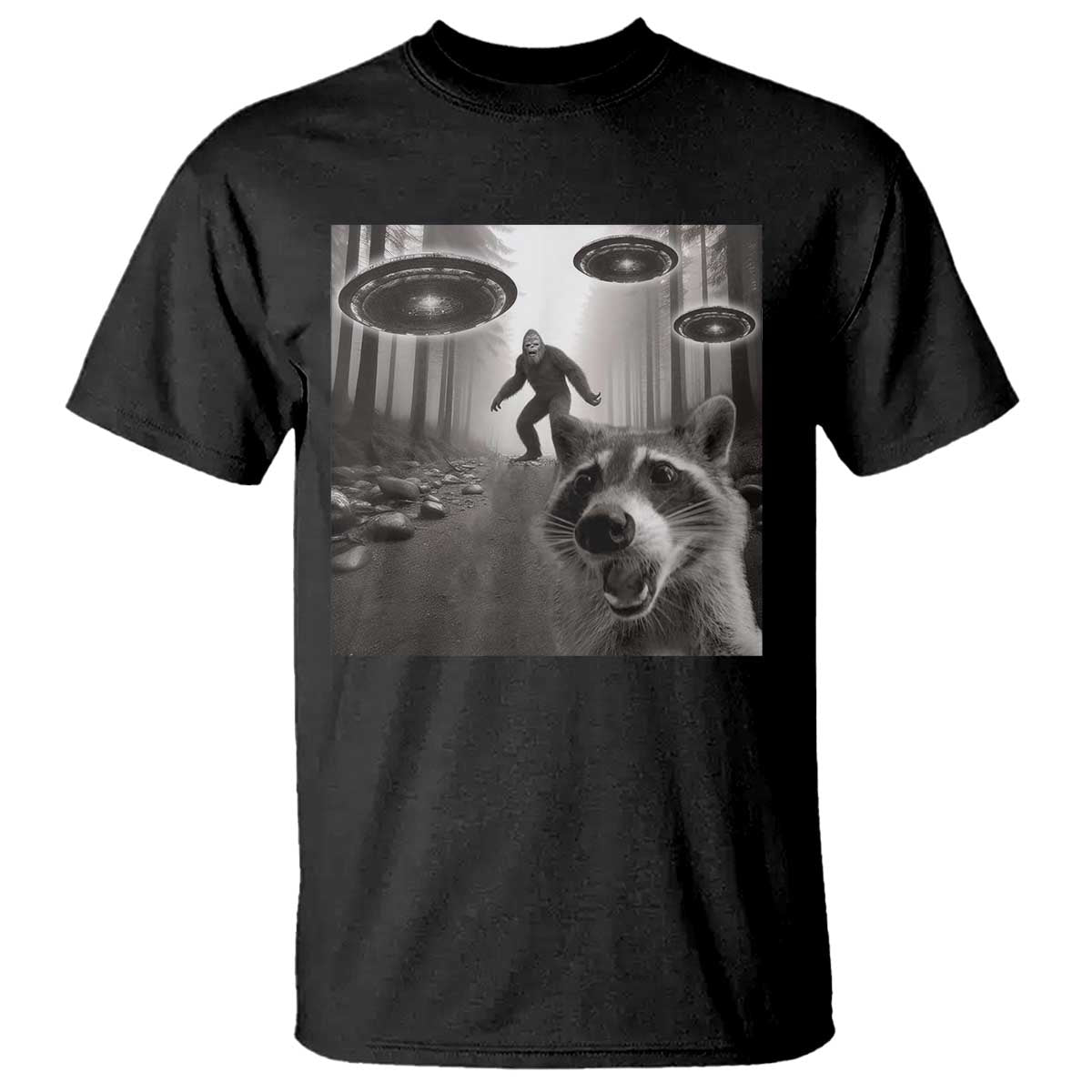 Raccoon Selfie With Bigfoot UFO T Shirt Funny Feral Lover Gifts TS10 Black Print Your Wear