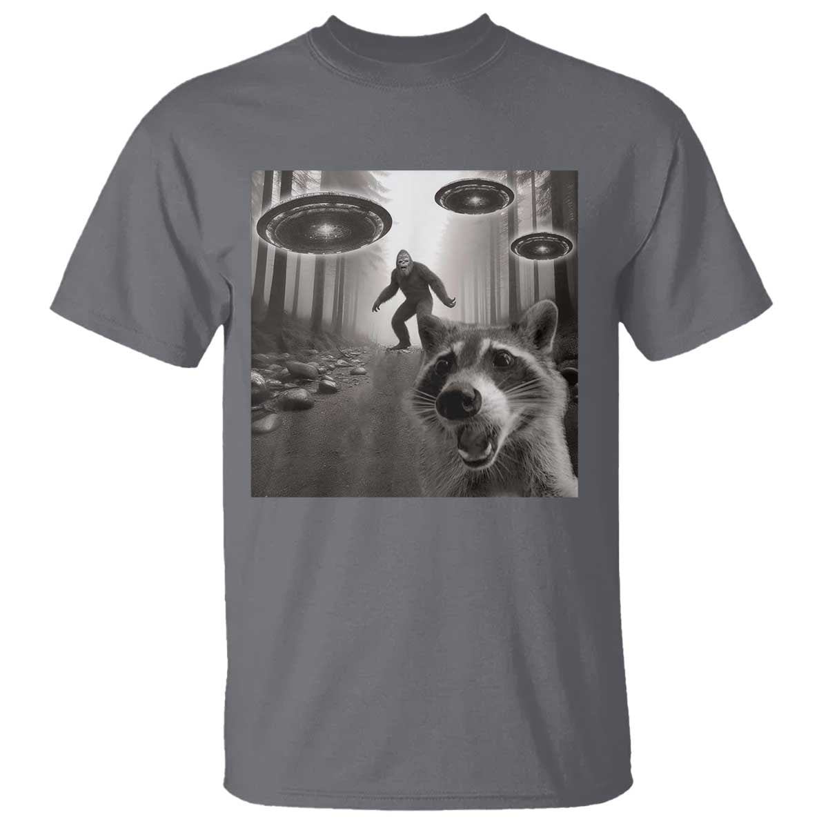 Raccoon Selfie With Bigfoot UFO T Shirt Funny Feral Lover Gifts TS10 Charcoal Print Your Wear