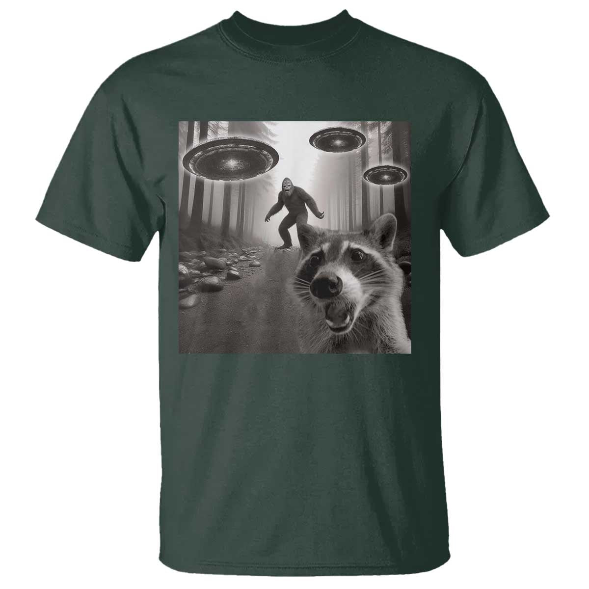 Raccoon Selfie With Bigfoot UFO T Shirt Funny Feral Lover Gifts TS10 Dark Forest Green Print Your Wear