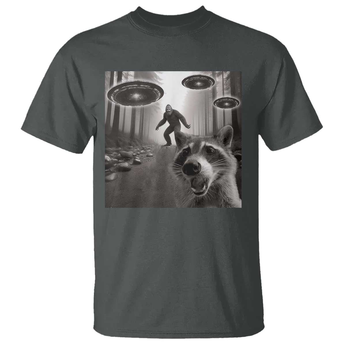 Raccoon Selfie With Bigfoot UFO T Shirt Funny Feral Lover Gifts TS10 Dark Heather Print Your Wear