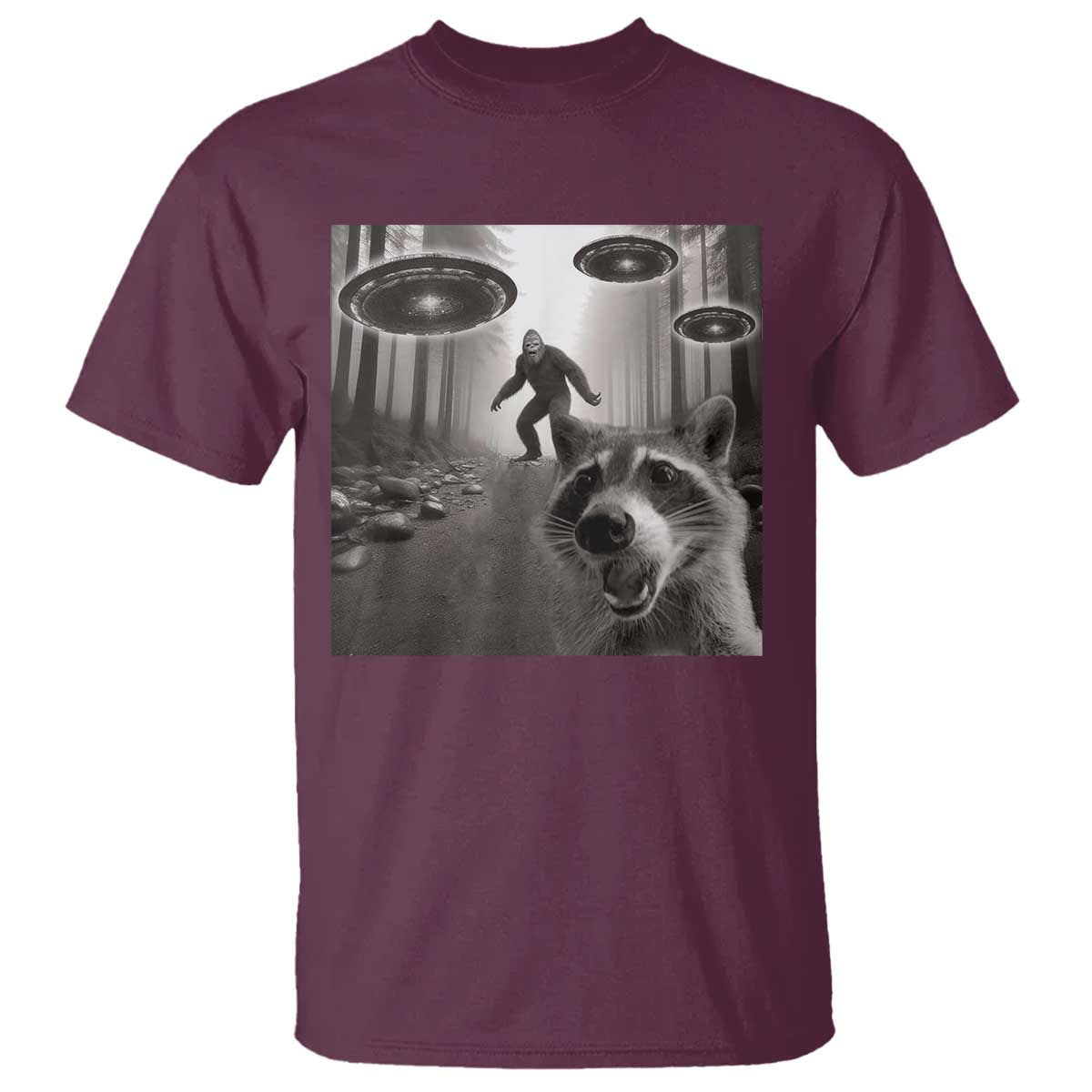 Raccoon Selfie With Bigfoot UFO T Shirt Funny Feral Lover Gifts TS10 Maroon Print Your Wear