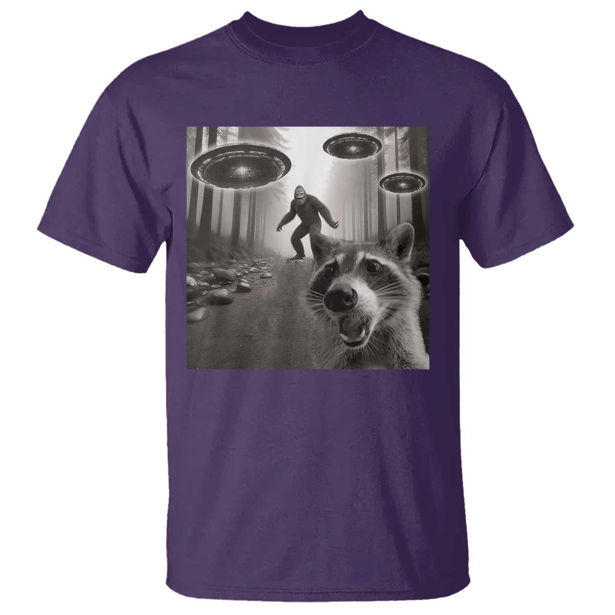 Raccoon Selfie With Bigfoot UFO T Shirt Funny Feral Lover Gifts TS10 Purple Print Your Wear