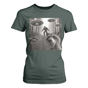 Raccoon Selfie With Bigfoot UFO T Shirt For Women Funny Feral Lover Gifts TS10 Dark Forest Green Print Your Wear