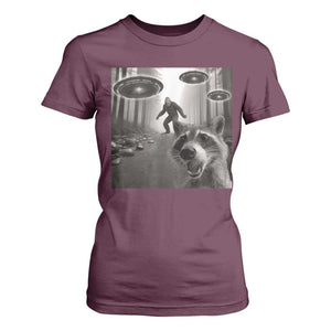 Raccoon Selfie With Bigfoot UFO T Shirt For Women Funny Feral Lover Gifts TS10 Maroon Print Your Wear
