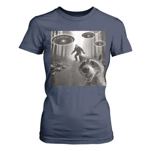 Raccoon Selfie With Bigfoot UFO T Shirt For Women Funny Feral Lover Gifts TS10 Navy Print Your Wear