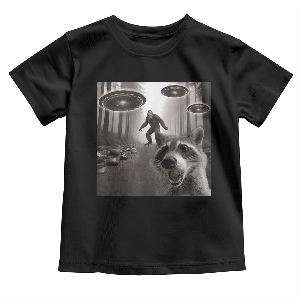 Raccoon Selfie With Bigfoot UFO Toddler T Shirt Funny Feral Lover Gifts TS10 Black Print Your Wear