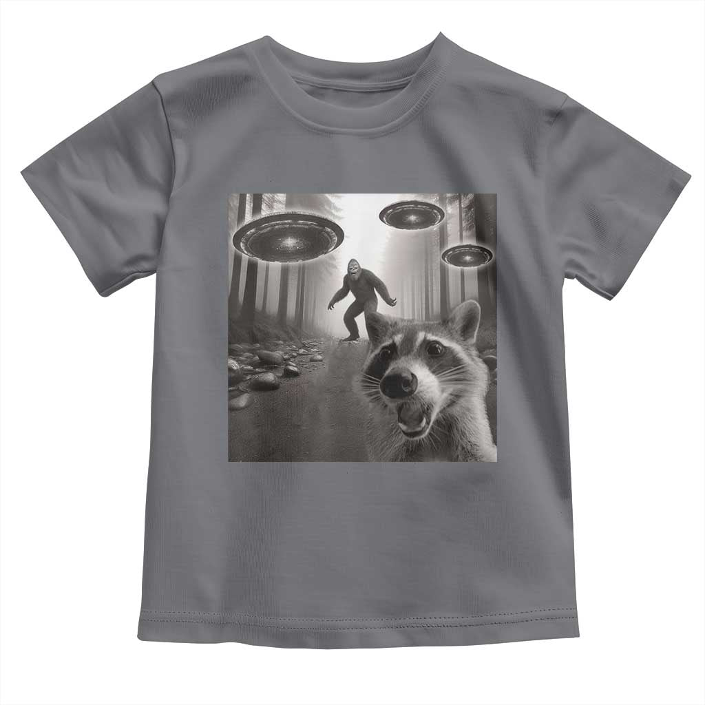 Raccoon Selfie With Bigfoot UFO Toddler T Shirt Funny Feral Lover Gifts TS10 Charcoal Print Your Wear