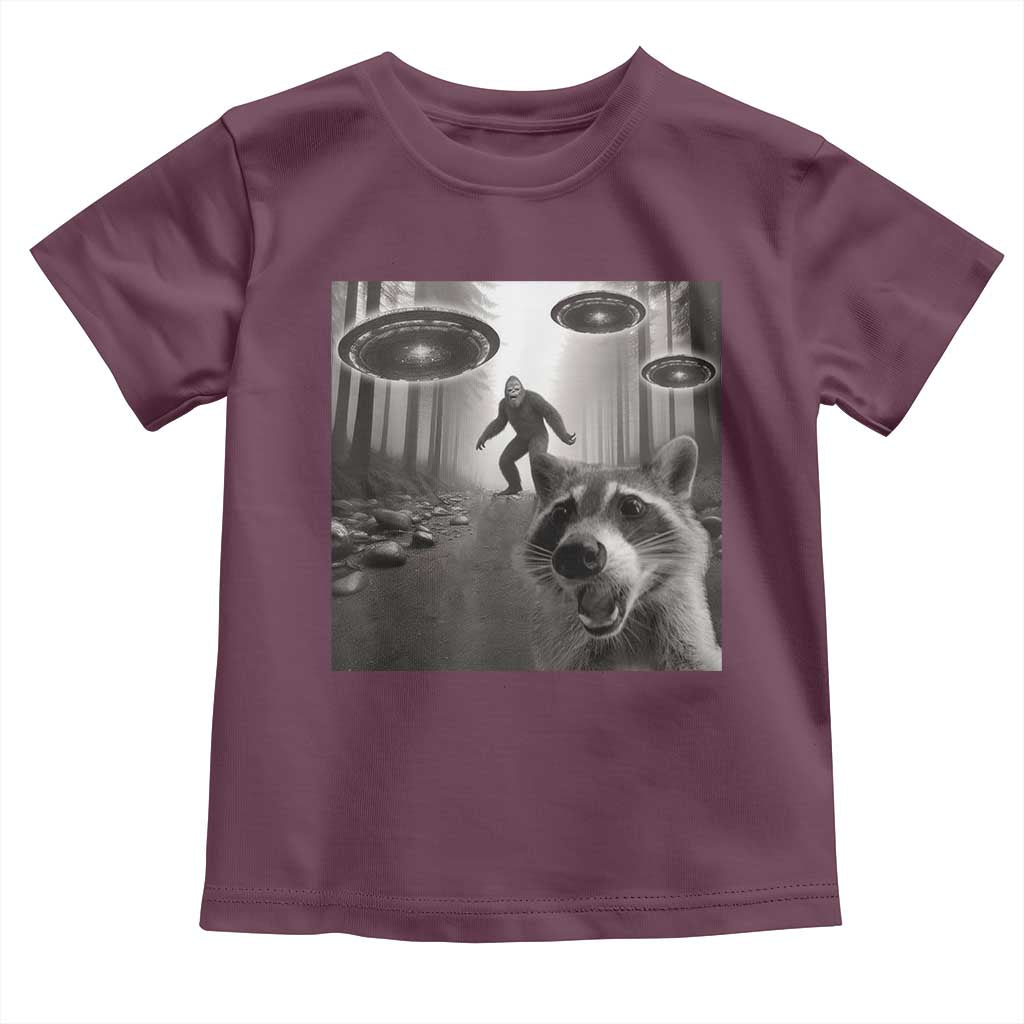 Raccoon Selfie With Bigfoot UFO Toddler T Shirt Funny Feral Lover Gifts TS10 Maroon Print Your Wear