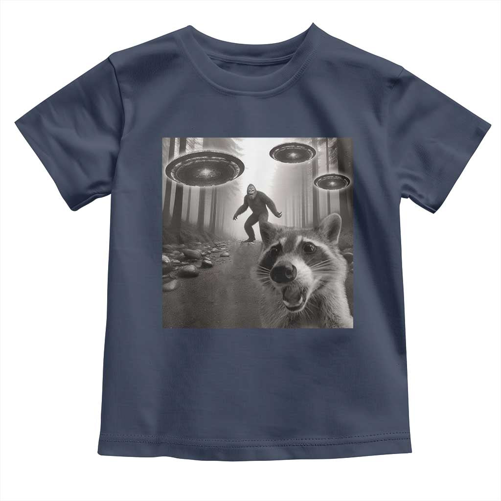 Raccoon Selfie With Bigfoot UFO Toddler T Shirt Funny Feral Lover Gifts TS10 Navy Print Your Wear