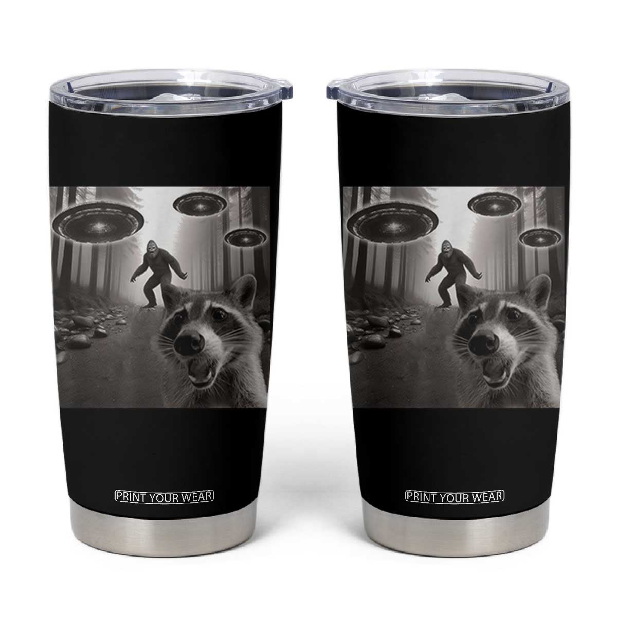Raccoon Selfie With Bigfoot UFO Tumbler Cup Funny Feral Lover Gifts TS10 Black Print Your Wear