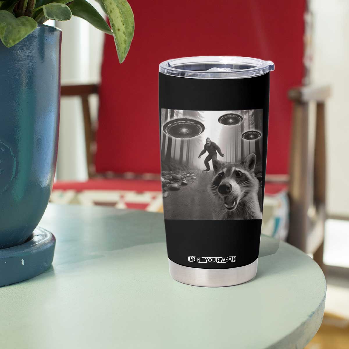 Raccoon Selfie With Bigfoot UFO Tumbler Cup Funny Feral Lover Gifts TS10 Print Your Wear